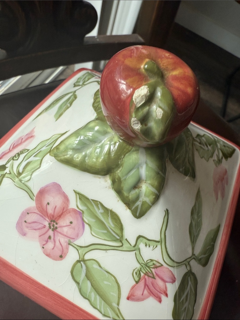 Botanical Ceramic Canister with Red Accent and Apple Finial - Picture 6 of 12